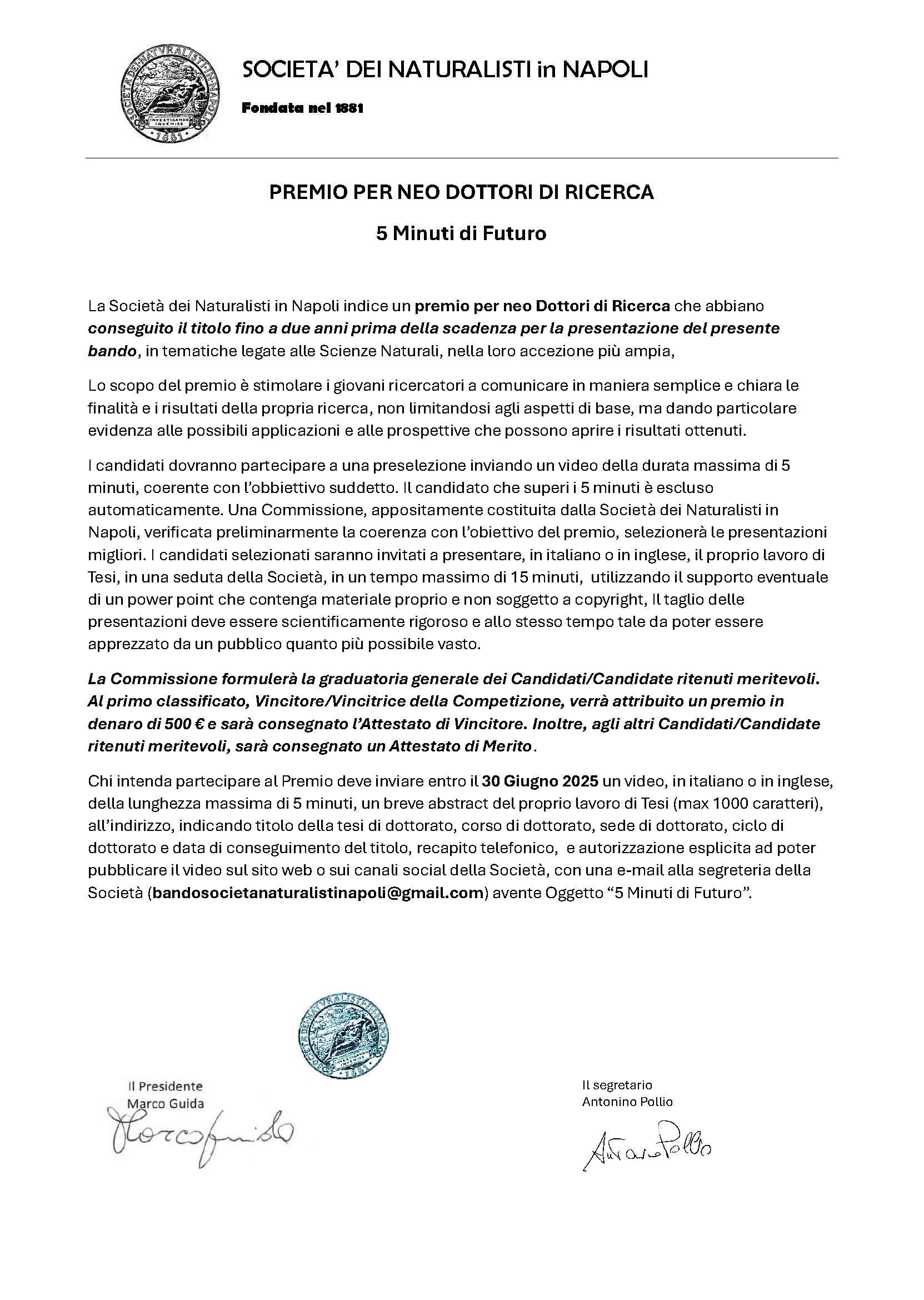 Premio per neo dottori di Ricerca | 5 Minuti di Futuro